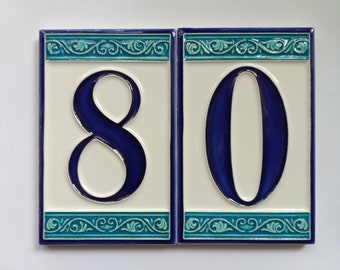 Hand-Painted Ceramic House Number Tile: Greek Blue & White, Custom Address