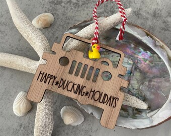 Happy Ducking Holidays Duck Duck Jeep Ornament with Rubber Duck Charm