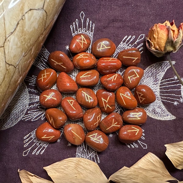 Red Jasper Elder Futhark Rune Set, Etched And Hand Painted Crystal Runes, Metaphysical