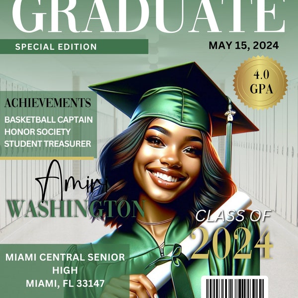 Graduation digital Magazine Cover, Canva template, grad invitation, Editable templates