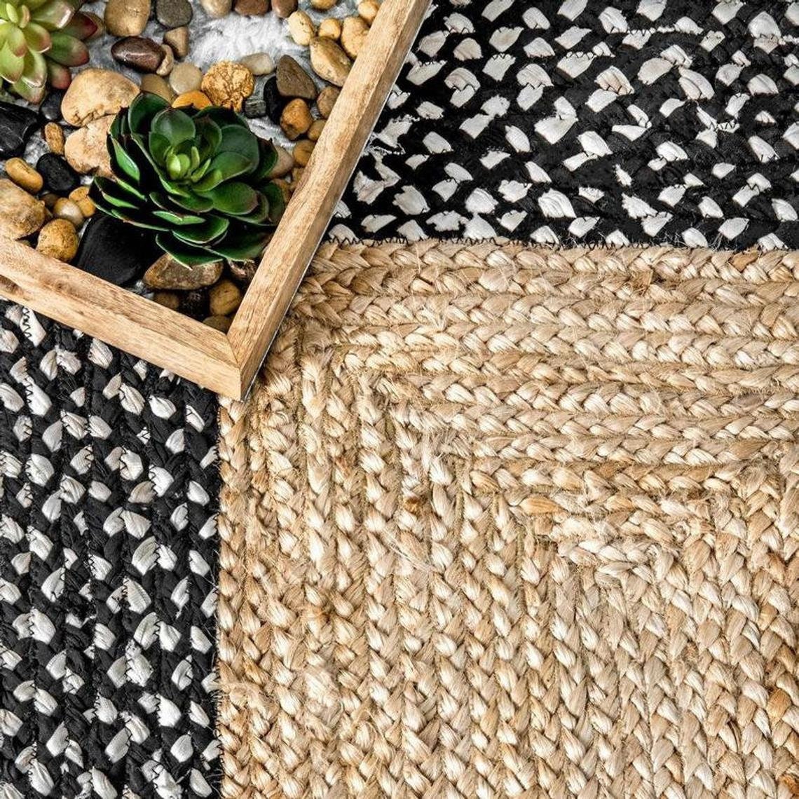 Braided Jute And Cotton Black And White Rectangle Rag Rug Etsy
