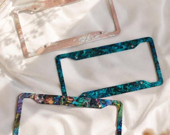 Shell Print Metal License Plate Frames - Summer Beachy Aquatic Aesthetic Car Decor - Pastel Ocean - Abalone Accessories