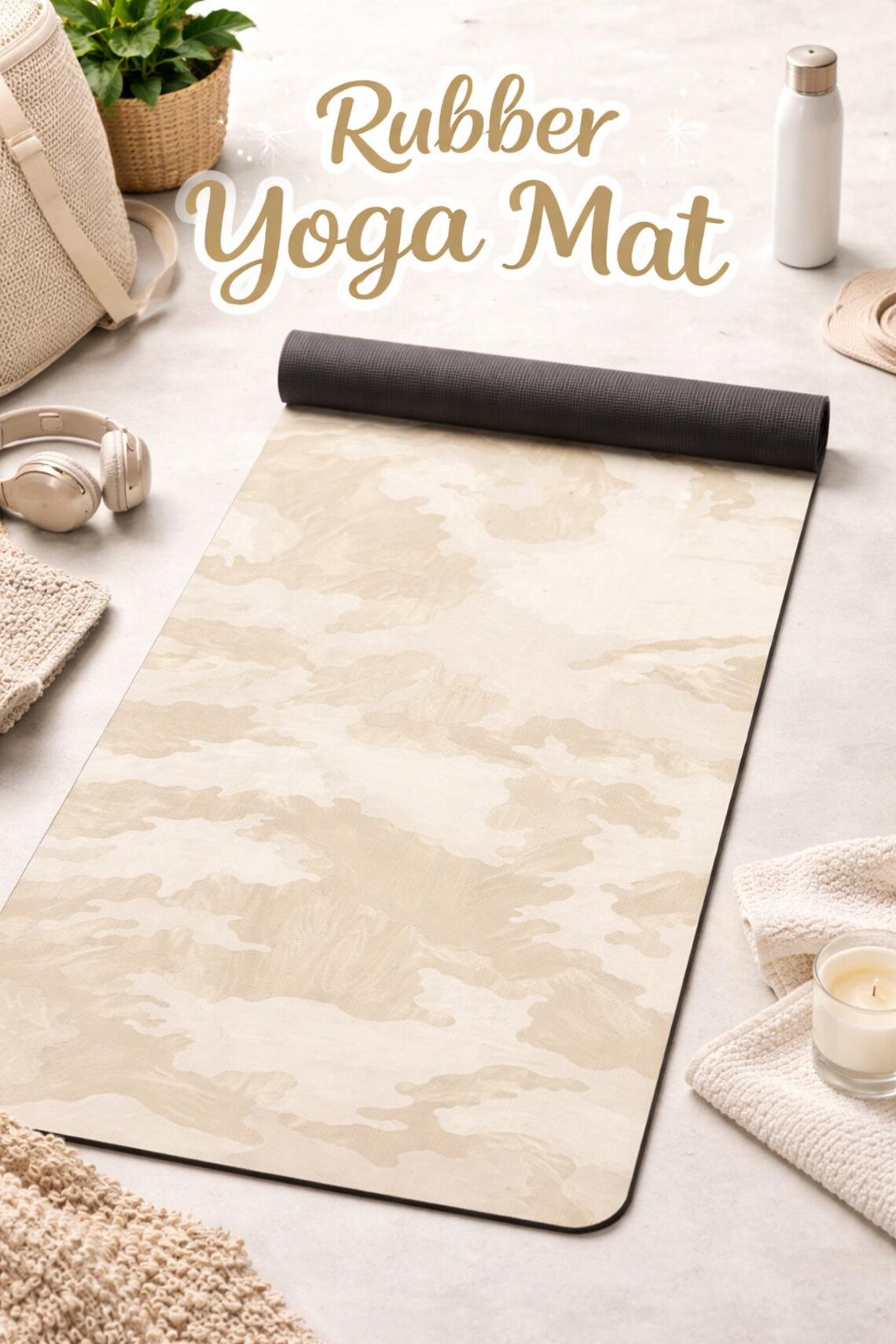 Mat Stack Neutral Beige Camo Yoga Mat, Neutral Aesthetic Rubber Yoga Mat, Non Slip Custom ...