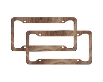 Wood Grain License Plate Frame Set of 2 | Faux Wood Print on Metal | Matte Aluminum Car Frame | Rustic Car Accessories | US Plate Holder