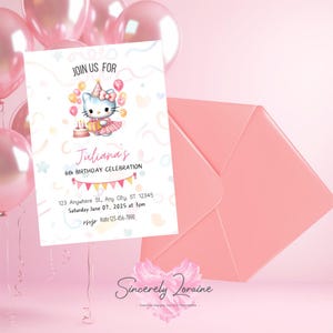 キティの誕生日招待状編集可能なCanvaテンプレート、キティのかわいい子供の誕生日パーティー、デジタル誕生日招待状、女の子向けの誕生日カード