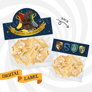 May include: Two clear plastic bags filled with cone-shaped snacks. One bag has a label that says "Sorting Hat Snacks" with a Sorting Hat graphic. The other bag has a label with four crests. The words "Digital Label" are on a banner.
