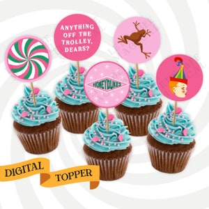 Könnte beinhalten: Satz mit sechs rosa und grünen Cupcake-Toppern mit Harry-Potter-Motiven. Die Topper beinhalten einen Spiral-Lolli, einen Frosch, eine Honeydukes-Schachtel und eine Figur mit einer Narrenkappe. Der Text auf einem Topper lautet "Anything off the trolley, dears?"
