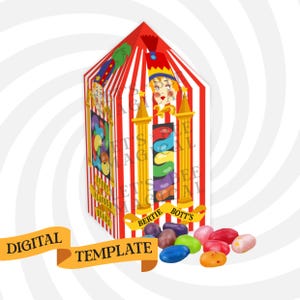 Könnte beinhalten: Eine digitale Vorlage einer rot-weiß gestreiften Box mit dem Text "Bertie Bott's Every Flavour Beans". Die Box hat Illustrationen von Charakteren und bunten Geleebohnen. Ein Haufen Geleebohnen in verschiedenen Farben befindet sich vor der Box.