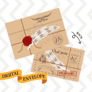 Puede incluir: Un sobre digital imprimible con fondo marrón y una pluma blanca con un sello de cera roja. El sobre tiene el texto "Owl Post" y "Ministry of Magic". El sobre está etiquetado como "Digital Envelope" y "Charmed".