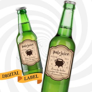 May include: Two green glass bottles with brown labels that say "polyjuice potion" and have a cauldron and stars on them. The labels also say "allows the drinker to assume the appearance of someone else".