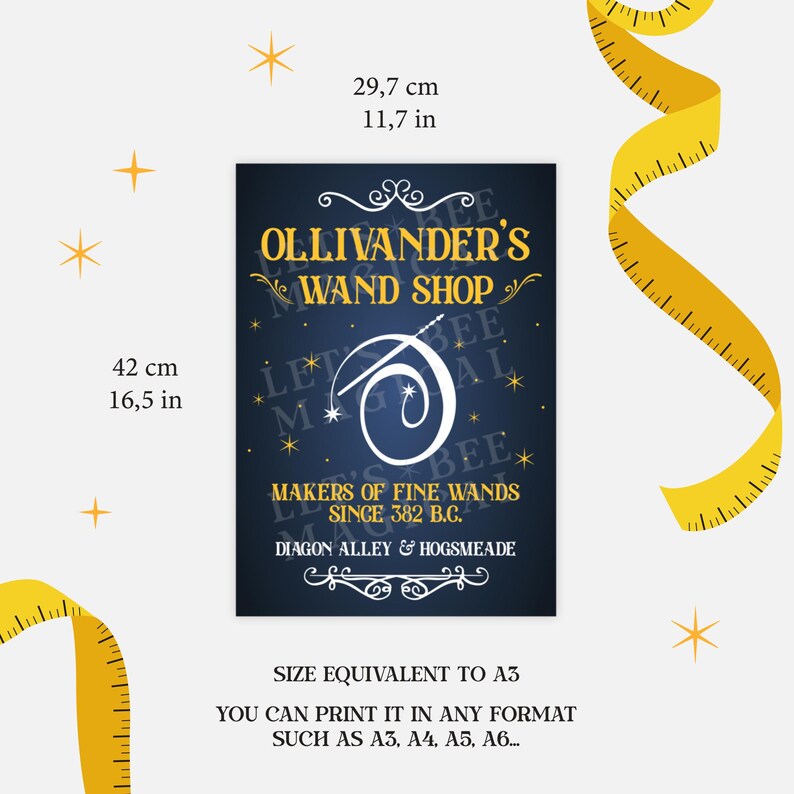 May include: A dark blue poster with gold text and a white logo that reads "Ollivander's Wand Shop." The poster includes the text "Makers of Fine Wands Since 382 B.C." and measurements of 16.5 inches by 11.7 inches.