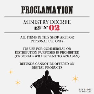 May include: A white background with black text that reads "PROCLAMATION" and "MINISTRY DECREE N&deg; 02". The text warns against commercial use and states refunds are not offered on digital products. A black silhouette of a figure is at the bottom.