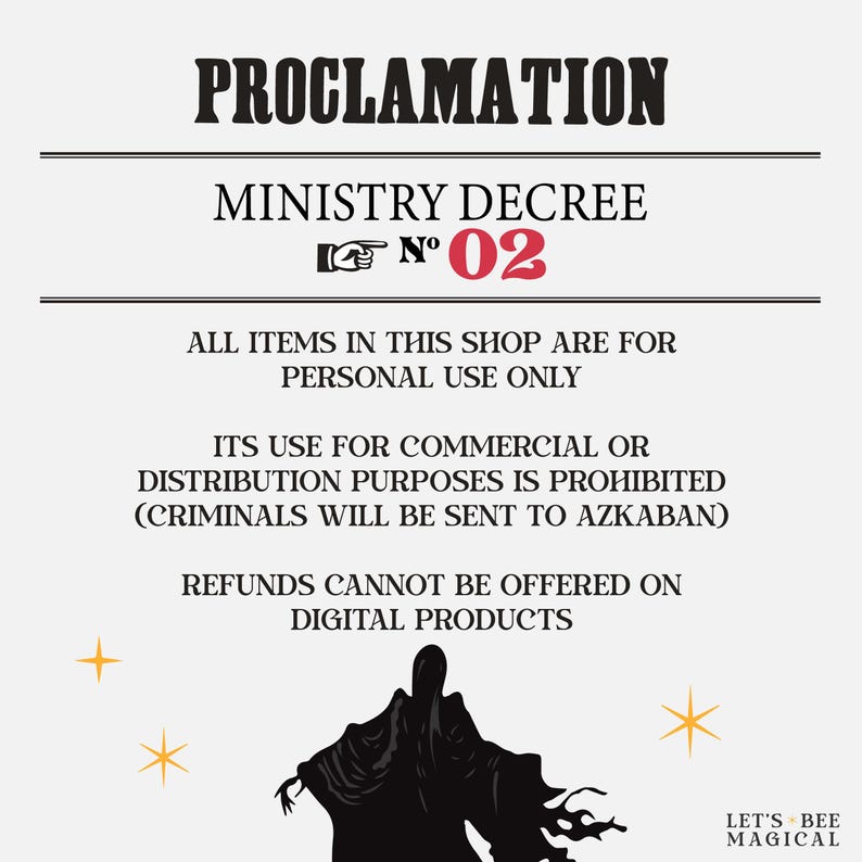 May include: A white background with black text that reads "PROCLAMATION" and "MINISTRY DECREE N&deg; 02". The text warns against commercial use and states refunds are not offered on digital products. A black silhouette of a figure is at the bottom.