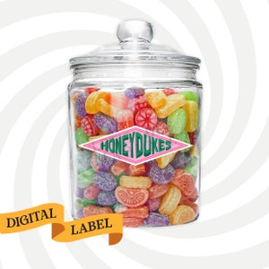 May include: A glass jar filled with colourful sweets. The jar has a glass lid and a label that reads "HONEYDUKES" in green text on a pink diamond. The sweets are various shapes and colours, including red, orange, yellow, green, and purple.