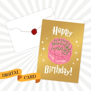 May include: A gold card with the words "Happy Birthday!" and a pink cake with green frosting that says "Happy Birthday Harry" on it.