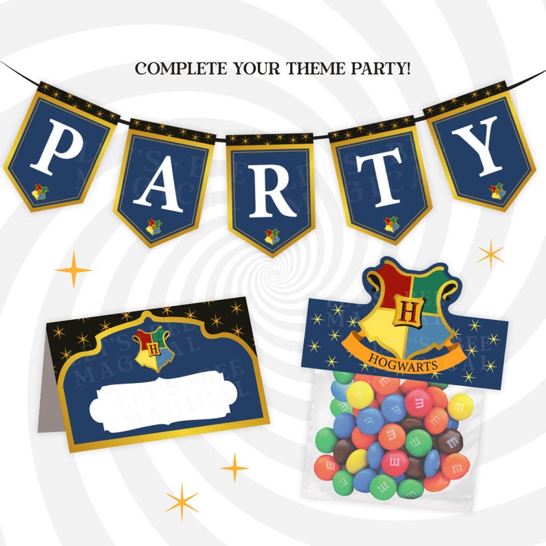 May include: A party-themed set featuring a banner spelling "PARTY" in white letters on blue pennants with gold trim. Includes a place card and a bag of colorful candies, all with a magical theme. Text reads "COMPLETE YOUR THEME PARTY!"