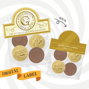 May include: A plastic bag with four chocolate coins, two gold and two brown, with a label that reads "The Bank of Gringotts, The Safest Place for Galleons". The back of the bag has a label that reads "Diagon Alley, London Since 1474".