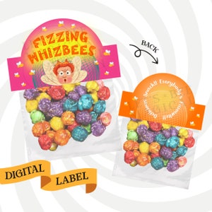 May include: Printable digital label for a bag of popcorn. The label features a cartoon character with wings and the text "Fizzing Whizbees". The back of the label has the text "Snack! Everybody's Favourite! Delicious!"