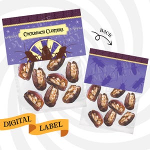 May include: Two clear plastic bags filled with brown dates stuffed with a light-colored filling. The bags are labeled "Cockroach Clusters" with a purple background and cockroach illustrations. A digital label is also present.