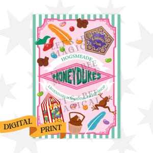 May include: A digital print with a pink and green colour scheme, displaying the words "Honeydukes" and "Hogsmeade." The design incorporates illustrations of sweets, a chocolate frog, and a striped tent. The words "Digital Print" are also visible.