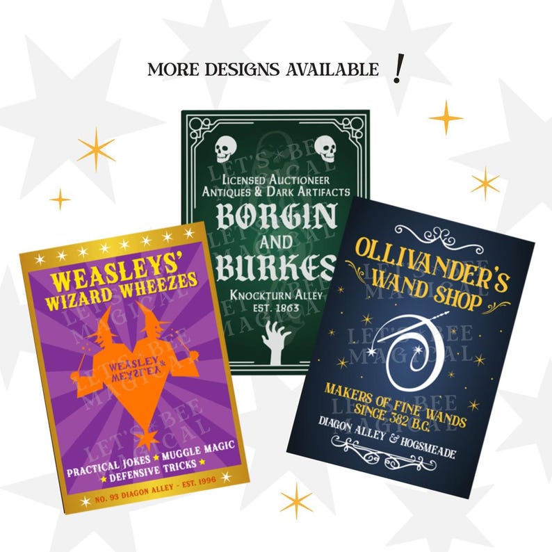 May include: Three colorful signs with text from the Harry Potter series. The signs are for Weasleys' Wizard Wheezes, Borgin and Burkes, and Ollivander's Wand Shop. The signs are purple, green, and blue with gold accents.