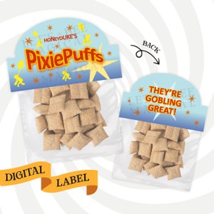 Puede incluir: Una etiqueta imprimible azul y amarilla para una bolsa de cereal. La etiqueta dice "Honeyduke's Pixie Puffs" y "They're Gobling Great!"