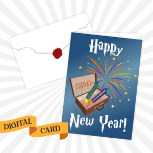 Puede incluir: Una tarjeta azul con una maleta y fuegos artificiales. La maleta dice "WEASLEY'S WIZARD WHEEZE'S" y el texto de la tarjeta dice "Happy New Year!"