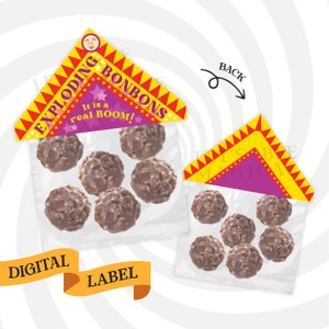 May include: Printable digital label for a bag of chocolate candies. The label is a triangle with a yellow and red striped border and the words "Exploding Bonbons" in a red and white font. The text "It is a real BOOM!" is written in white on a purple background. The back of the label is a solid purple triangle with a yellow and red striped border.