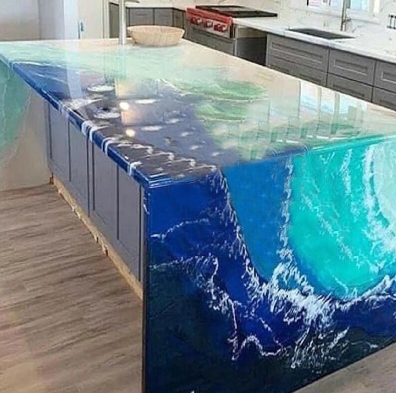 Blue Epoxy Resin River Waterfall Table Top Kitchen Slab Etsy
