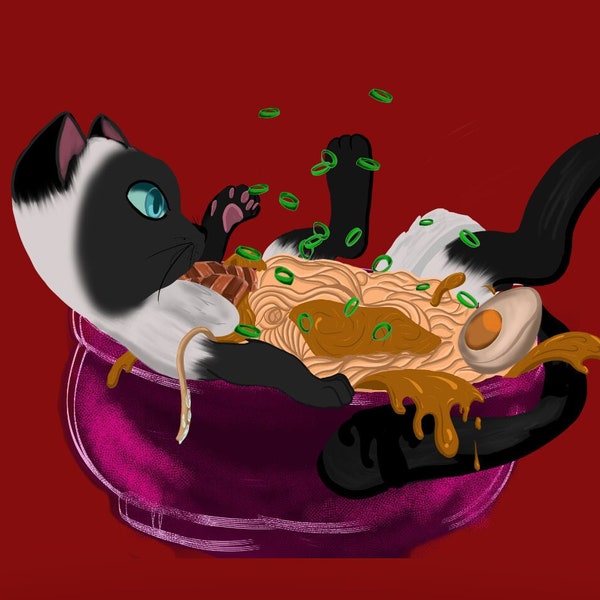 Siamese kitten playing in ramen stream decor, no background.