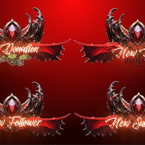 Könnte beinhalten: Vier animierte rote und schwarze Kronen-Icons mit Flügeln. Jedes Icon hat einen anderen Text-Overlay: "A Donation", "New Bits", "New Follower", und "New Subscriber".