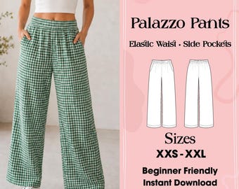 Patrón de costura en PDF para pantalones palazzo, patrón de pantalones de pierna ancha, pantalones con cintura elástica, bolsillos laterales, ideal para principiantes, PDF por capas.