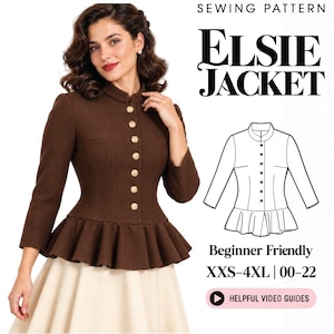 May include: A sewing pattern for the Elsie Jacket, featuring a brown jacket with a mandarin collar, long sleeves, and a peplum hem with gold buttons. The image includes a line drawing of the jacket, text reading SEWING PATTERN ELSIE JACKET, Beginner Friendly, XXS-4XL | 00-22, and HELPFUL VIDEO GUIDES.