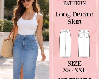 Patrón de costura para falda larga vaquera, talle alto, abertura frontal, tallas XS-XXL (descarga en PDF)