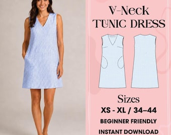 Patrón de vestido con escote en V en PDF, patrón de costura para vestido recto, vestido de verano sin mangas, patrón de vestido para principiantes (descarga en PDF)