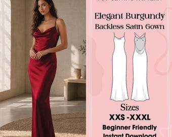 Backless Satin Maxi Dress Sewing Pattern, Cowl Neck Slip Gown (PDF Download)