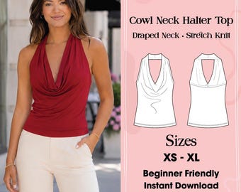 Patrón de costura en PDF para top halter con cuello drapeado, patrón de top de punto elástico drapeado, top de verano sin mangas, top para mujer tallas XS-XL (descarga instantánea)