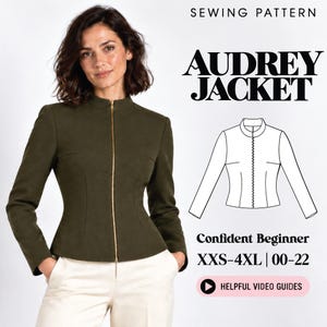 May include: A sewing pattern for the Audrey Jacket, featuring a dark olive green jacket with a gold front zipper, a high collar, and long sleeves. The image includes a line drawing of the jacket, the text SEWING PATTERN, AUDREY JACKET, Confident Beginner, XXS-4XL | 00-22, and HELPFUL VIDEO GUIDES.