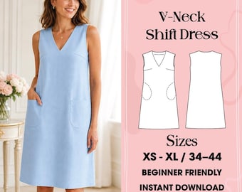 Patrón de costura para vestido recto con escote en V, sin mangas y con bolsillos (descarga en PDF)