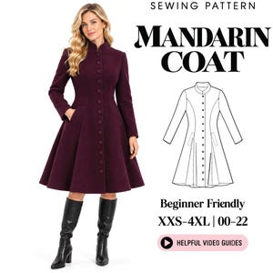 Puede incluir: Un patrón de costura para un abrigo estilo mandarín de color morado oscuro con cuello alto, mangas largas y una hilera de botones a juego en la parte delantera. El texto dice SEWING PATTERN MANDARIN COAT, Beginner Friendly, XXS-4XL | 00-22, HELPFUL VIDEO GUIDES.