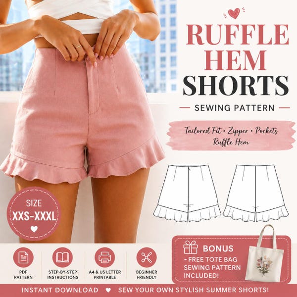 フリル裾ショートパンツの型紙、ハイウエスト、女性用テーラードフィット（PDFダウンロード）
