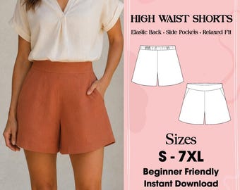 Patrón de costura fácil para shorts en PDF, patrón de shorts de cintura alta para mujer, shorts de lino con cintura elástica y bolsillos, patrón de shorts de verano de pierna ancha