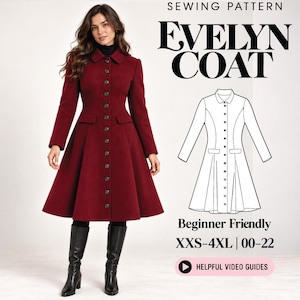 May include: A sewing pattern for the Evelyn Coat, featuring a deep red, knee-length, button-down coat with a fitted bodice and flared skirt. The image includes a black and white line drawing of the coat, text labels, and size range XXS-4XL.