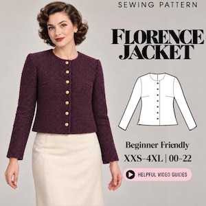 Op de afbeelding: Een naaipatroon voor de Florence Jacket, met een donkerpaarse, getextureerde jas met lange mouwen en gouden knopen, een witte lijntekening van de jas, en de tekst Beginner Friendly, XXS-4XL, 00-22, en Helpful Video Guides.