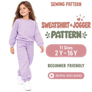 Può includere: Un cartamodello per un set composto da felpa e pantaloni da jogging, con il testo SEWING PATTERN, SWEATSHIRT+JOGGER PATTERN, 11 Sizes 2 Y - 16 Y, BEGINNER FRIENDLY e HELPFUL VIDEO GUIDES. L'immagine mostra un completo coordinato color viola chiaro.