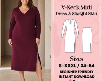Patrón de costura para vestido midi con escote en V, patrón de falda recta para tallas grandes (descarga en PDF)