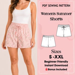 Peut inclure: Un patron de couture PDF pour short avec un débardeur blanc et un short rose à fleurs doté d'une taille élastique et d'un cordon. Le texte indique PDF SEWING PATTERN, Women's Summer Shorts, Sizes S-XXL, Beginner Friendly, Instant Download, Bonus Included.