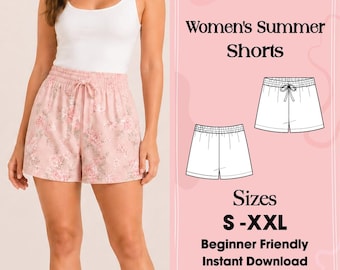 Patrón de costura para pantalones cortos de verano para mujer, con cintura elástica y cordón ajustable (descarga en PDF)