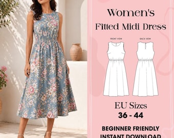 Patrón de costura para vestido midi ajustado, sin mangas, con cintura elástica, para principiantes (PDF, descarga instantánea).