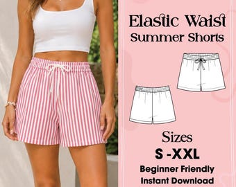 Patrón de costura en PDF para mini shorts, patrón de shorts para mujer, shorts de verano con cintura elástica, patrón fácil para principiantes (descarga instantánea).